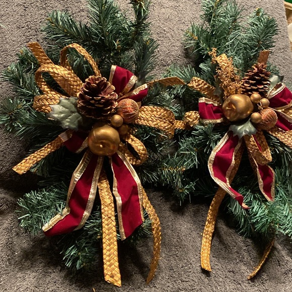 Holiday Two Artificial Greenery Swags With Ribbons Decorations For